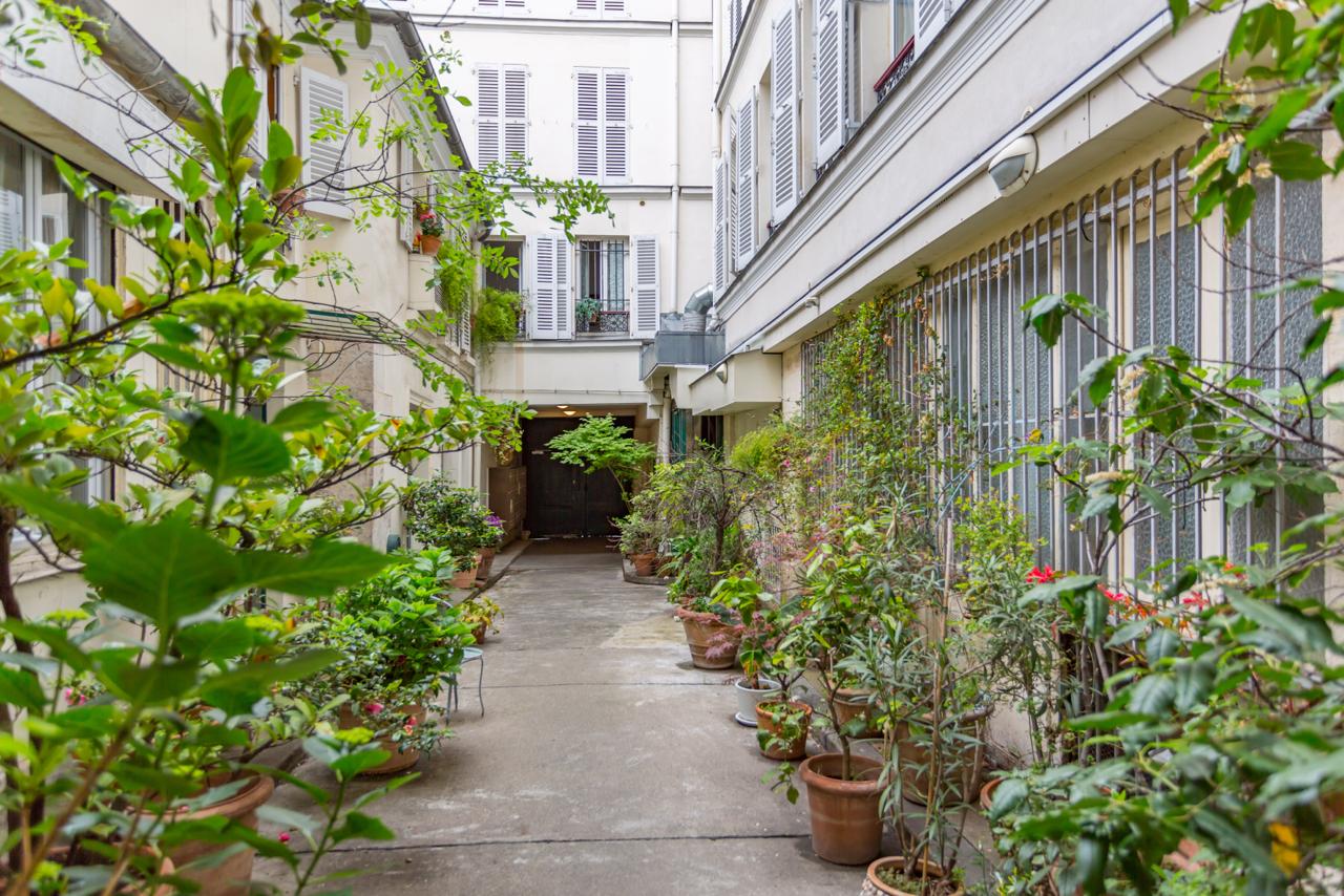 Cour intérieure verdoyante d'un immeuble parisien vue depuis un rez-de-chaussée